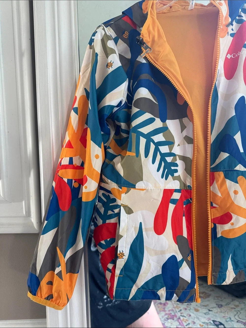 Columbia Multicolor Tropical-Leaf Windbreaker with Orange Reversible Side